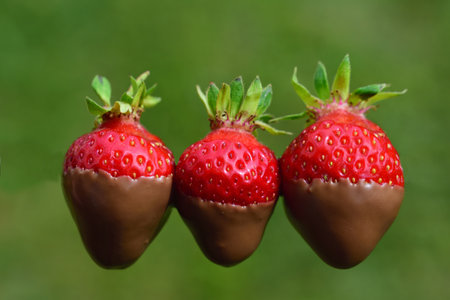 Three red fresh strawberries, partially covered with chocolate, against a green backgroundの写真素材
