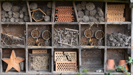 Close-up and background of an insect hotel made up of many different compartments with different loopholes.の写真素材