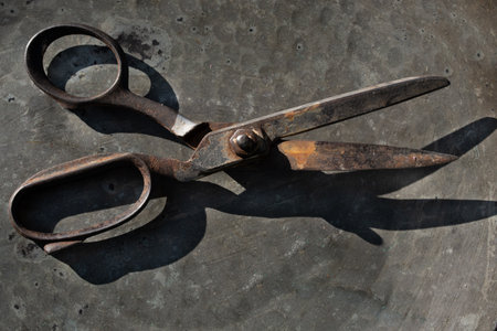 Close up of large rusty metal scissors lying on a studded metal background.