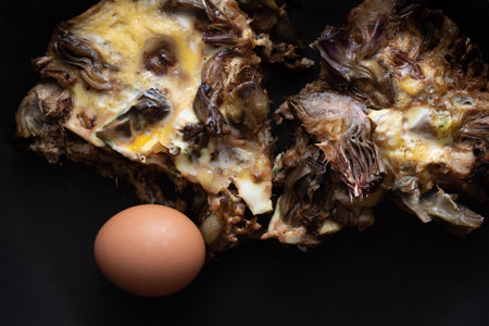 Two parts of a fresh frittata made from eggs and artichokes lie in a dark pan. Next to it is an egg in its shell.の写真素材