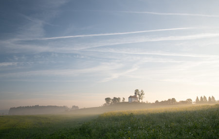 Landscape in the fog. On the horizon a small chapel between trees. The sun rises. The sky is blue. In the foreground a green field. The fog slowly rises.の写真素材