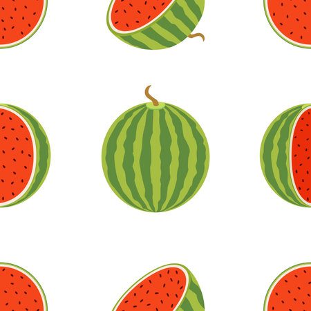 Pattern of juicy whole watermelons and slices in flat style.