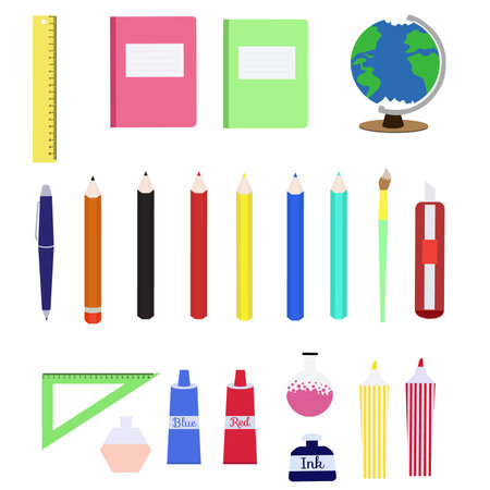 Set of colorful school supplies in flat style. Pencils, pens, ink, notebooks, eraser, ruler and line.のイラスト素材