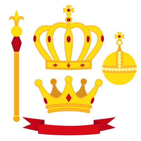 Heraldic symbols, monarch set. Royal traditions combination. Two crowns, the orb and the scepter. Flat isolated illustration.のイラスト素材