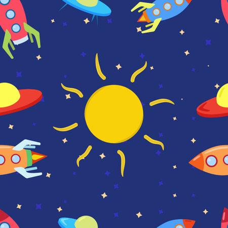 Pattern for children with space, rockets, Sun, stars and UFO. Made in cartoon style.のイラスト素材