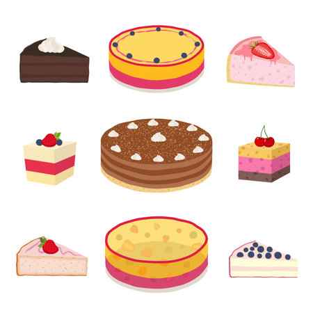 Set of different hipster cakes, cheesecakes, pies, pastry in flat style. Berry, jelly, cocoa, coffee...