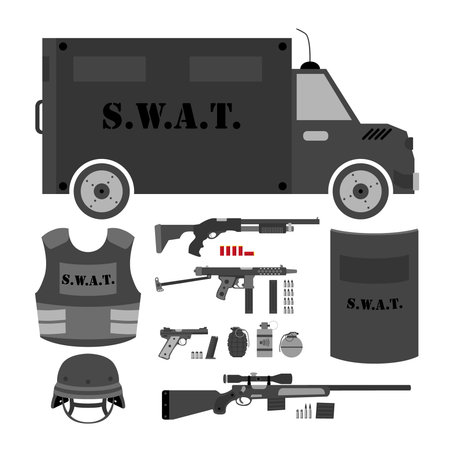 Vector set of swat, police gear. Swat bus, shield, helmet, shotgのイラスト素材