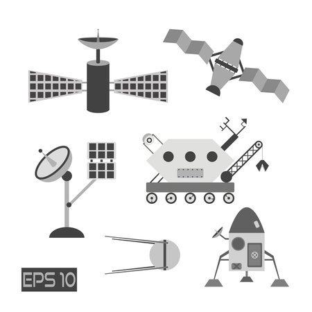 Isolated grayscale space cosmos elements. Shuttle, rocket, satellitesのイラスト素材