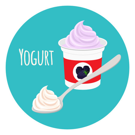 yogurt healthy cream milk product in plastic container with spoon. Flat vector styleのイラスト素材