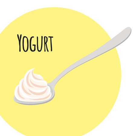 Yogurt with spoon. Cream milk product in plastic container. Flat vector styleのイラスト素材