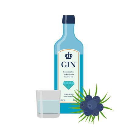 Traditional dry gin in blue bottle, juniper berries. Dry gin.のイラスト素材