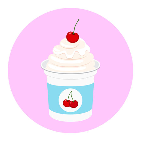 Cherry yogurt in plastic cup. Milk cream product. Flat style.のイラスト素材