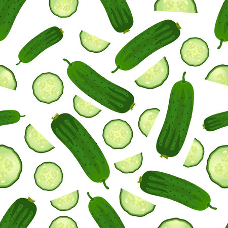 Seamless pattern of fresh cucumbers. Vegetable natural product. Vector flat style.のイラスト素材