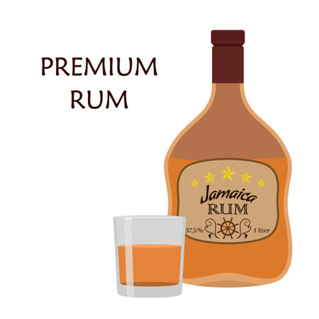 Alcohol drink, rum with glass. Jamaica rum in flat style design.のイラスト素材