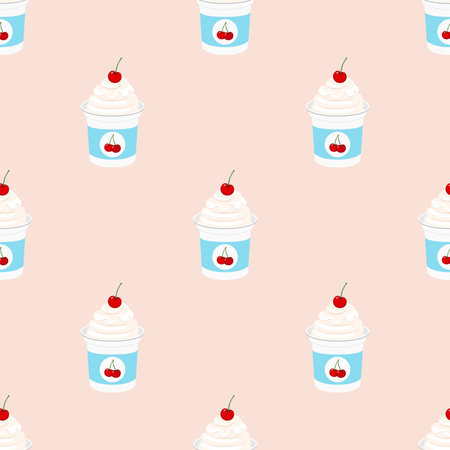 Cherry yogurt in plastic cup. Seamless pattern. Milk cream product. Flat styleのイラスト素材