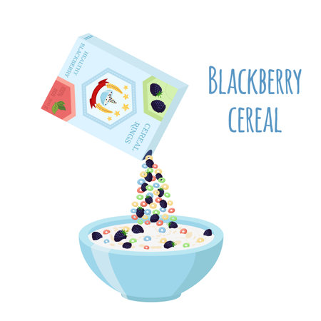Cereal rings box, blackberry with bowl. Oatmeal breakfast with milk, organic muesli. Flat vector style.のイラスト素材