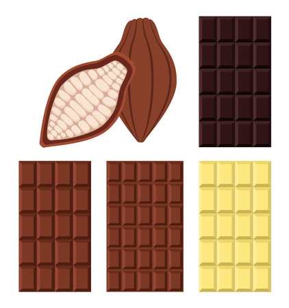 Set of white, milky, black chocolate and cacao. Flat vector style. Sweet organic cacao food.のイラスト素材