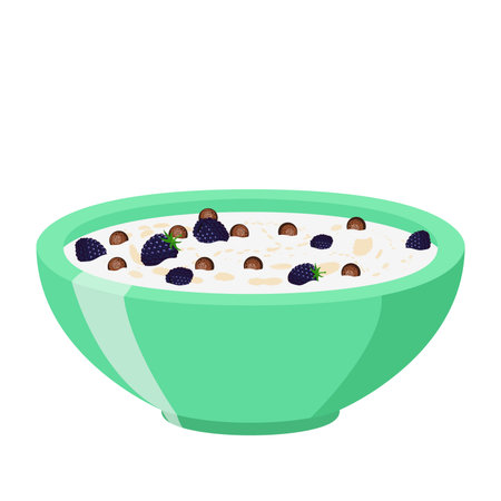 Cereal chocolate balls with blackberry. Milk in oatmeal breakfast. Organic muesli. Flat vector style.のイラスト素材