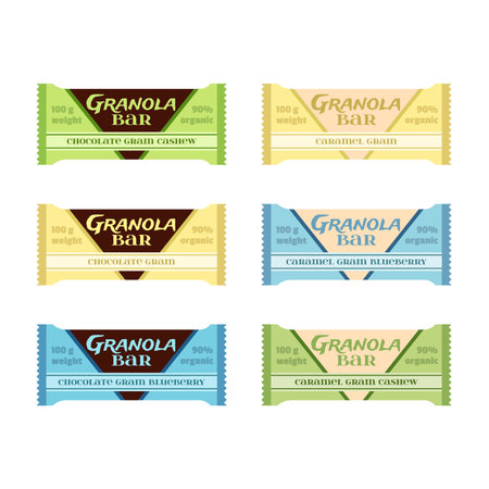Granola bars. Chocolate, caramel with grain, berries, nuts. Protein sport bars. Flat vector style.のイラスト素材