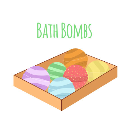 Box with bath bombs. Cartoon flat set. Nature organic soap, aromatherapy, heathcare, hygiene. Flat style.のイラスト素材
