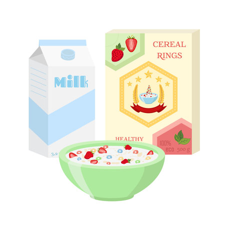 Breakfast set - milk, cereal, berries. Healthy food in flat vector style.のイラスト素材