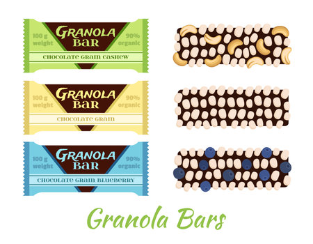 Granola bars. Chocolate with grain, berries, nuts. Protein sport bars. Flat vector style.のイラスト素材