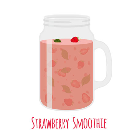 Strawberry smoothie in mason jar. Glass with vegetarian organic detox drink. Healthy nutrition, cocktail. Cartoon flat style.のイラスト素材