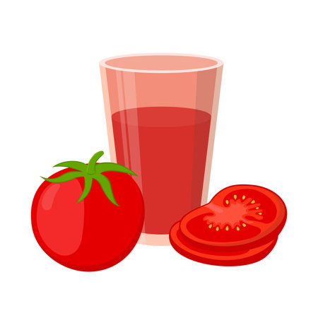 Tomato juice, red tomatoes. Cartoon flat style. Vegetarian fresh raw food.のイラスト素材