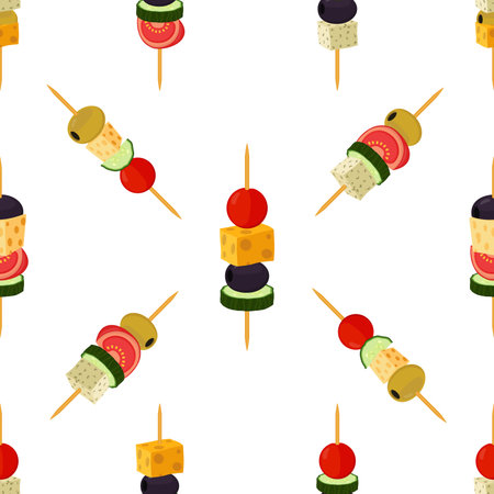 Canapes, tapas seamless pattern. Cartoon flat style. Buffet, restaurant food, appetizer, snack. Olive, ham, cheese, brie, tomato, cucumber and other vegetables, meat.のイラスト素材
