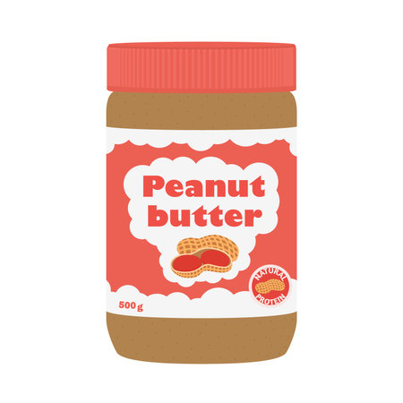 Peanut butter with peanuts. Healthy nutrition for breakfast. Made in cartoon flat style.のイラスト素材