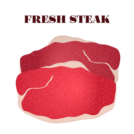 Fresh steak. Pork, ham, beef, slice of raw meat in cartoon flat style.のイラスト素材