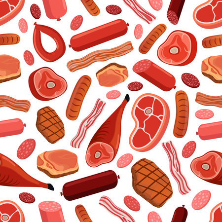 Meat seamless pattern - sausages, salami, pork, bacon, steak, beef, ham. Made in cartoon flat style.のイラスト素材