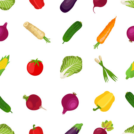 Seamless pattern of healthy vegetables, farm product. Made in cartoon flat style. Tomato, bell pepper, leek, carrot, horse radish, chinese cabbage, onion, beetroot, corn, eggplant, cucumber.のイラスト素材