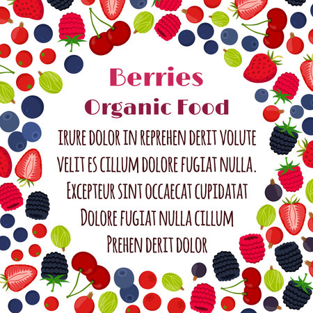 Cartoon berries menu. Raspberry, blackberry, gooseberry, red currant, black currant, strawberry, blueberry. Flat vector style.のイラスト素材
