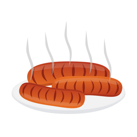 Fresh sausages for barbecue on plate. Made in cartoon flat style.のイラスト素材