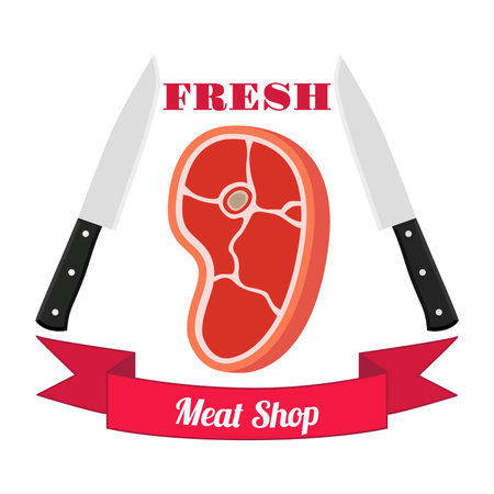 Meat logo, label for menu, restaurants, butchery shops. Fresh meat, beef, pork. Made in cartoon flat style with ribbons.のイラスト素材