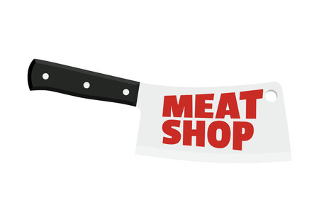 Butchery logo for market, meat shop - cleaver with emblem. Made in cartoon flat style.のイラスト素材