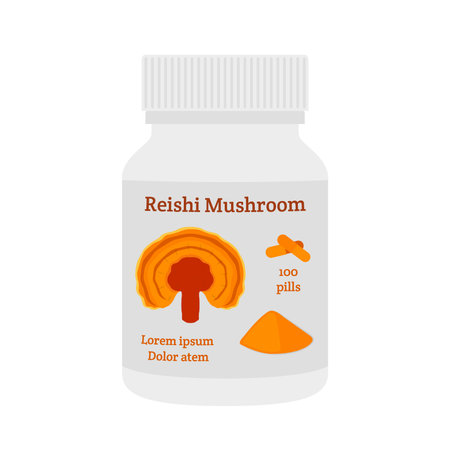 Reishi mushroom, Ganoderma lucidum tablets, pills, powder. Made in flat style. Healthy organic superfood, powder, pills.のイラスト素材
