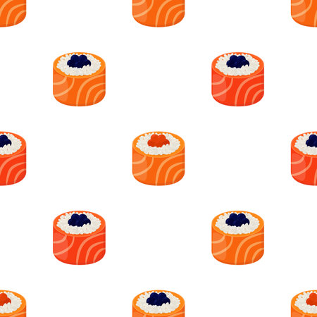 Sushi - rolls seamless pattern. Raw fish, caviar, rice and nori in sushi. Made in cartoon flat styleのイラスト素材
