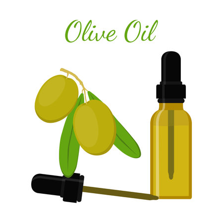 Olive natural oil. Essential oil, cosmetics, spa, aromatherapy. Liquid in a bottle. Made in cartoon flat styleのイラスト素材
