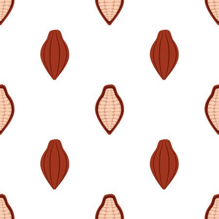 Cocoa seamless pattern. Cosmetics, medical plant. Natural vegetarian food, chocolate source. Made in cartoon flat styleのイラスト素材