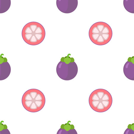 Seamless pattern of tasty mangosteen, exotic natural nutrition, purple vitamin product. Cartoon flat styleのイラスト素材