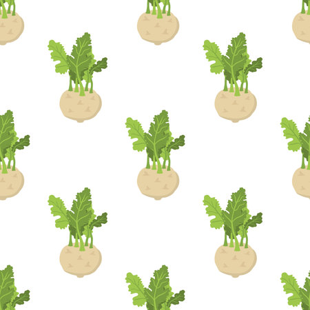 Green kohlrabi seamless pattern, type of cabbage. Fresh organic vegetable. Vector illustration. Made in cartoon flat styleのイラスト素材