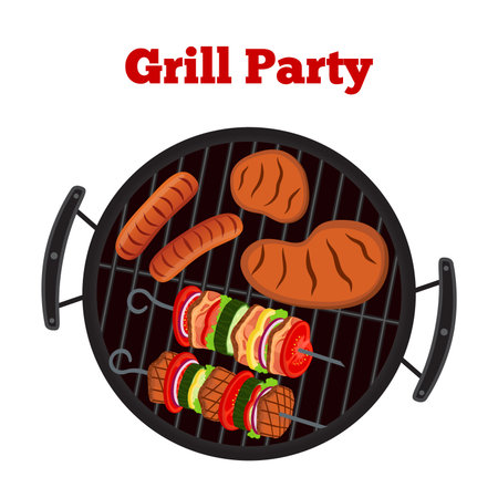 Barbecue set - grill station, sausage, fried meat, shashlik. Picnic vector illustration. Made in cartoon flat styleのイラスト素材