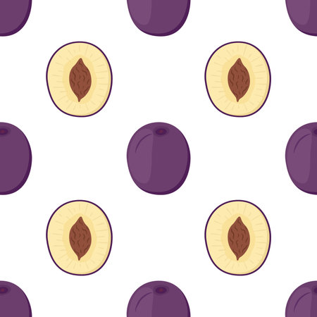Ripe purple plum seamless pattern. Made in cartoon flat style. Organic fruit. Vector illustrationのイラスト素材