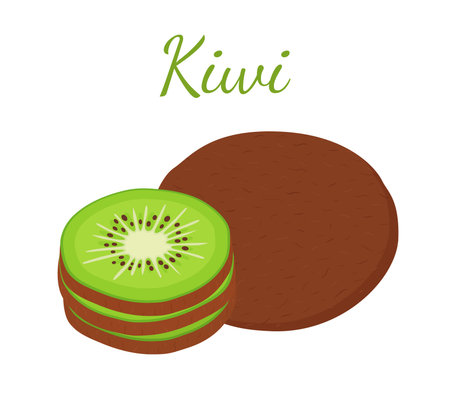 Tropical fruit, exotic kiwi. Whole, slices. Fresh, ripe nutrition. Made in cartoon flat style. Vector illustrationのイラスト素材