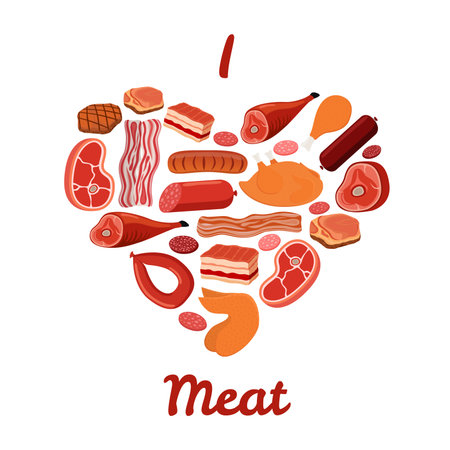 I love meat set. Bacon, chicken, ham, smoked pork, jamon illustration. Made in cartoon flat style. Vectorのイラスト素材