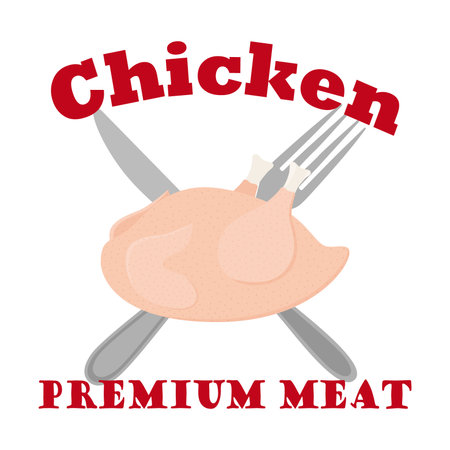 Raw chicken label, logo. Hen, fork, knife. Made in cartoon flat style. Vector illustrationのイラスト素材