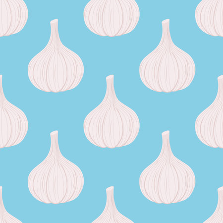 Garlic seamless pattern. Organic vegetarian vegetable. Made in cartoon flat style. Vector illustrationのイラスト素材