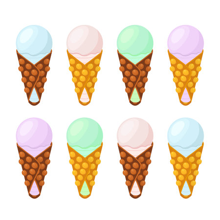 Ice cream in Belgian waffles, sundae, Chinese waffle - tasty dessert. Made in cartoon flat style.のイラスト素材